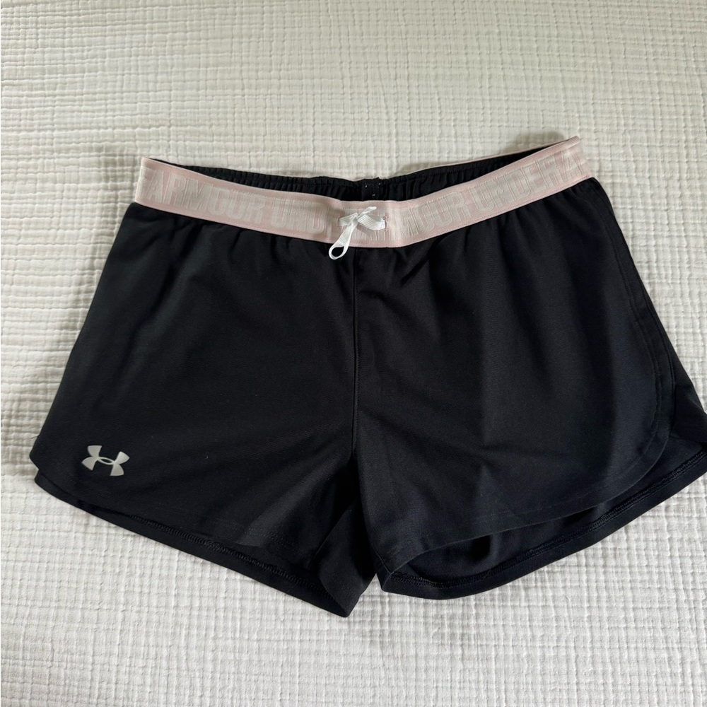 Under Armour Women's Black Athletic Shorts with Pink Waistband